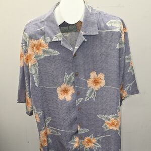 Men's Short-Sleeve Floral Button-Up Shirt - Blue with Orange Flowers